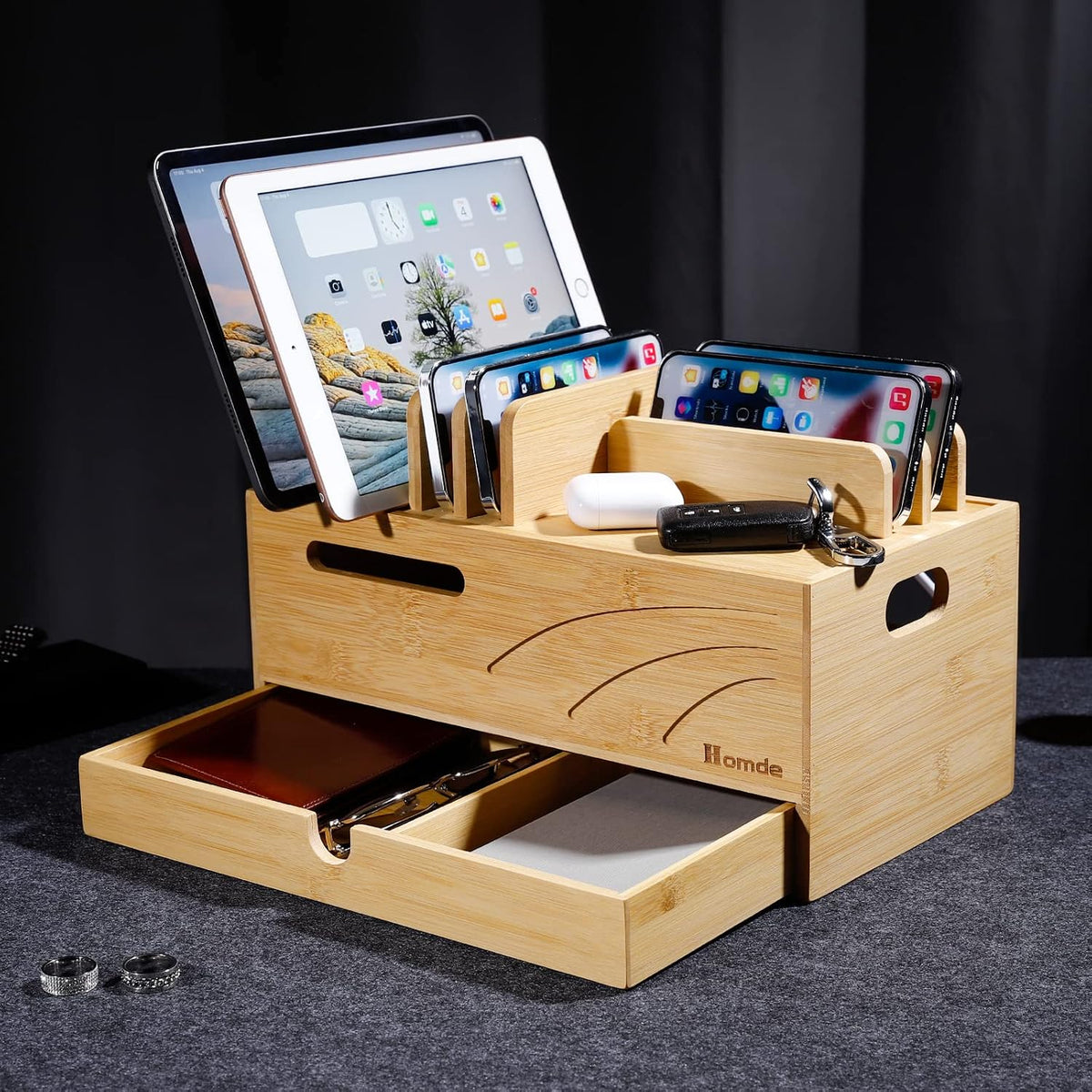 Homde Bamboo Charging Station Organizer: 6 Compartments and Drawer