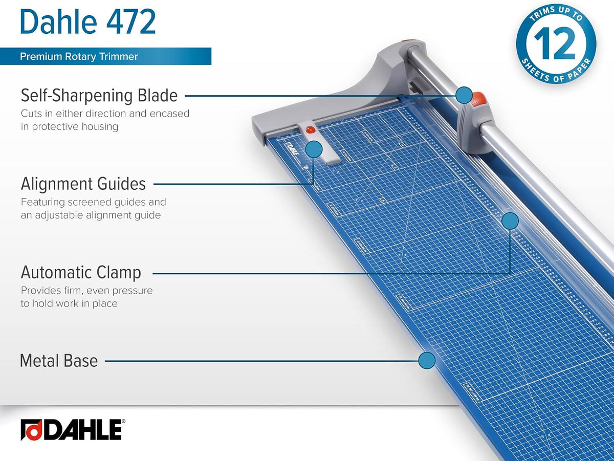 Dahle 472 Premium Rolling Trimmer, 72" Cut Length, 12 Sheet Capacity, Se...