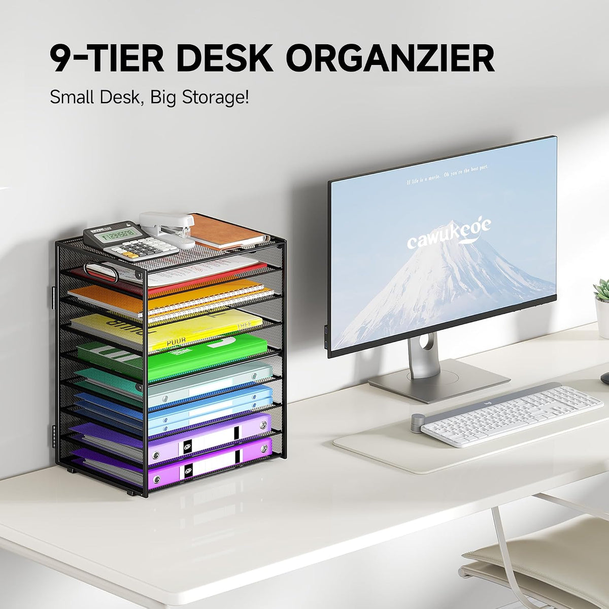 cawukege 9 tier paper organizer with handle, black shown in use