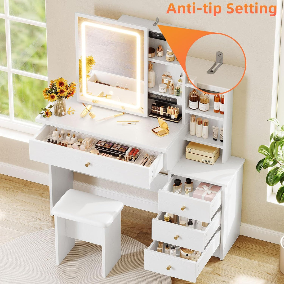 Memobarco White Makeup Vanity Desk with Sliding Mirror & 4 Drawers