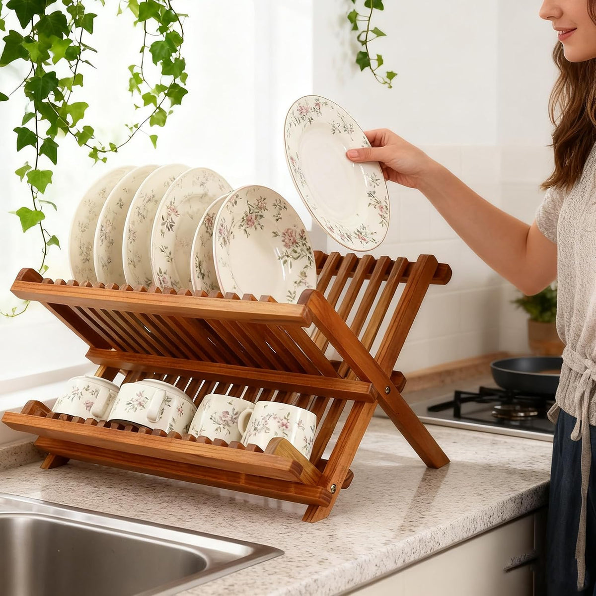 Utoplike Teak Wood Dish Drying Rack, Foldable Plate Organizer Countertop