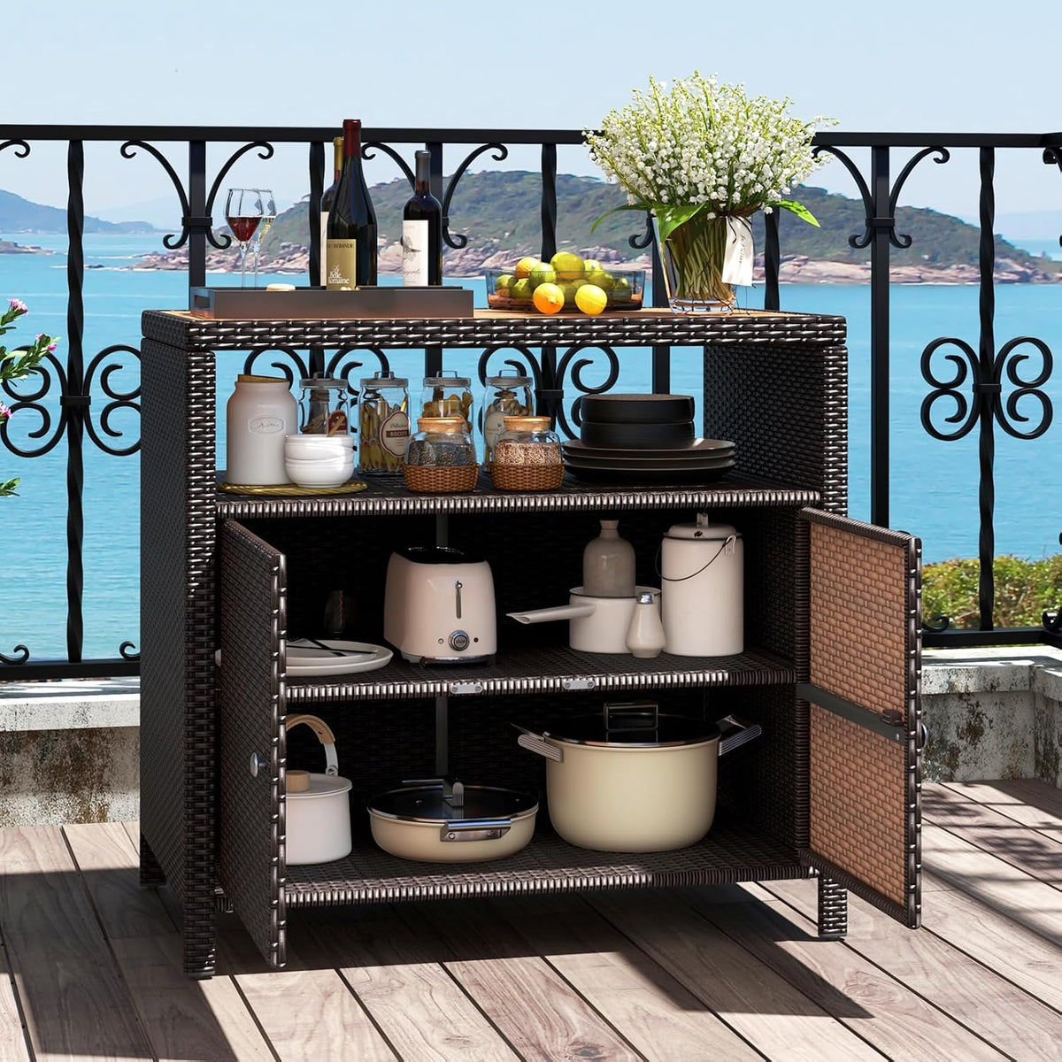 RELAX4LIFE Wicker Outdoor Bar Cabinet - PE Rattan Patio Bar Table w/Acacia Wo...