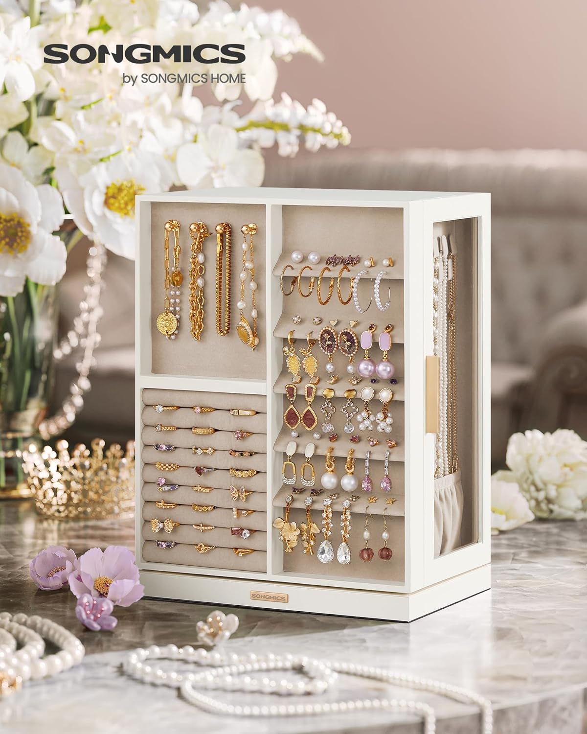 SONGMICS Jewelry Box Organizer, 360° Rotating, 7 Drawers, Cloud White