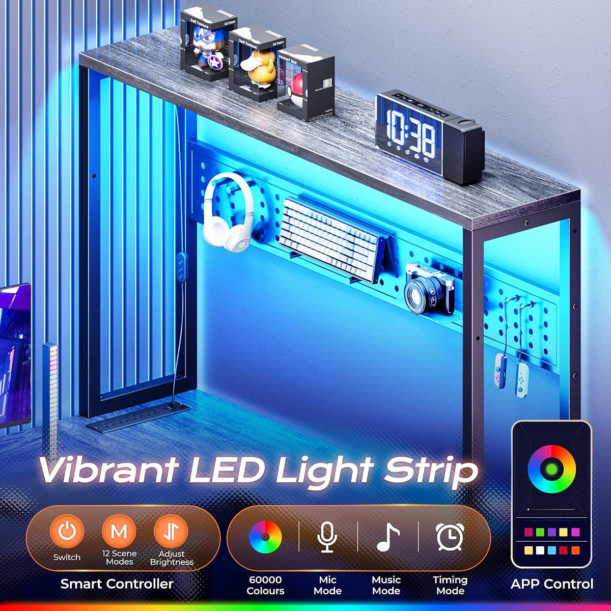PRAISUN L Shaped Gaming Desk with LED Lights & Power Outlets
