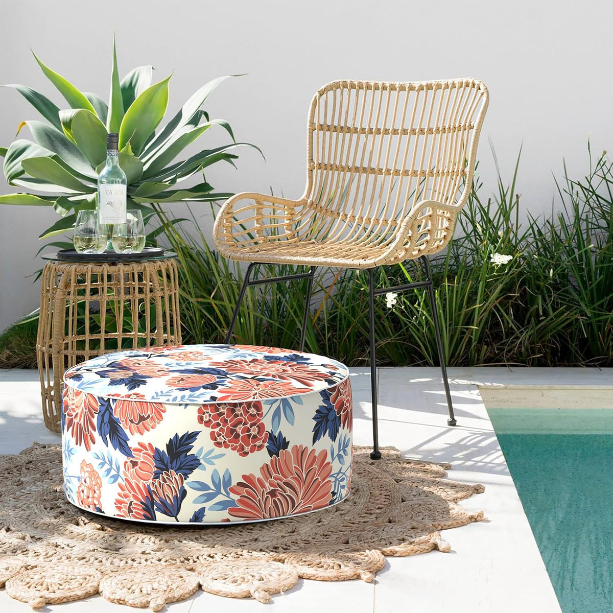 Indoor/Outdoor Inflatable Ottoman with Handle, Decorative Fade-Resistant Roun...
