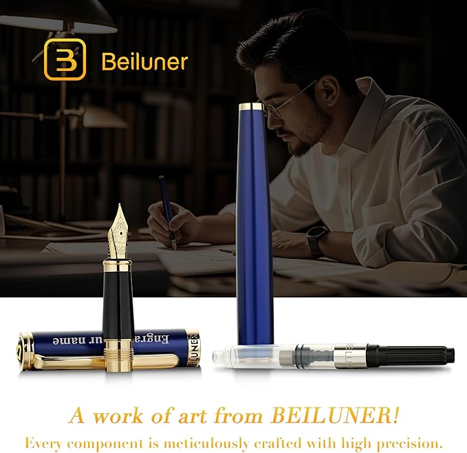 BEILUNER Blue Personalized Fountain Pen, Stunning Luxury Lacquer, 24K Gilded Nib - Image 7