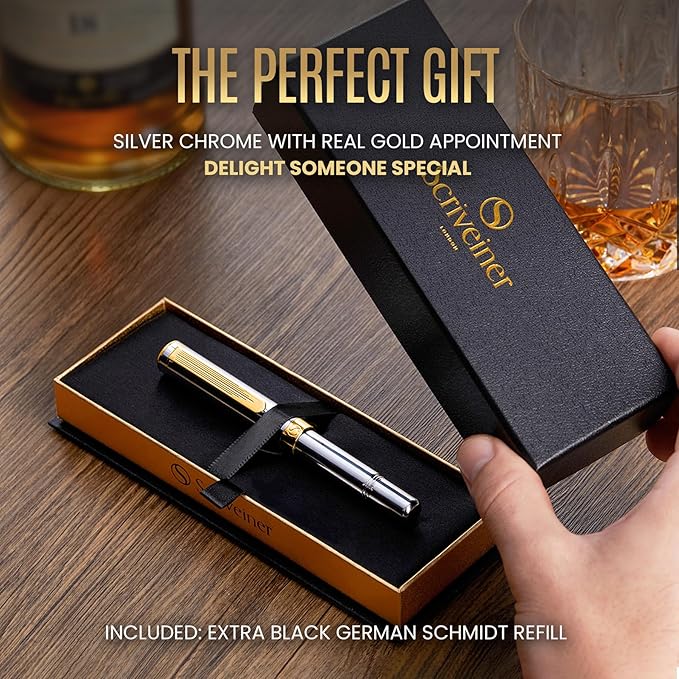 Scriveiner Luxury EDC Fountain Pen, Stunning Silver Chrome Luxury Pen, Real - Image 3