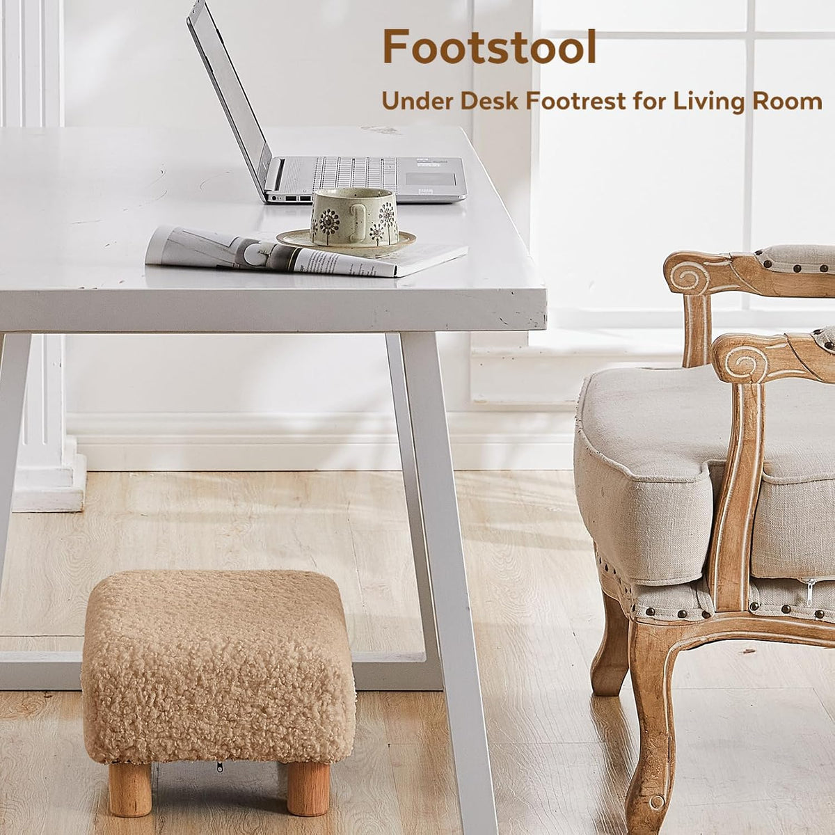 Small Foot Stool Ottoman, Sherpa Footstool Ottoman Foot Rest for Couch, Recta...