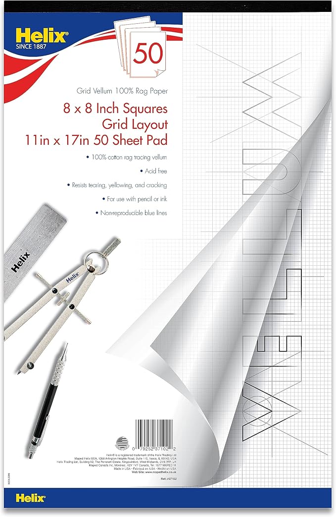 Helix - 100% Rag Vellum Paper Pad - 1 Inch Equals 8x8 Grid - 11 Inch x 17 Inch by MapedHelixUSA