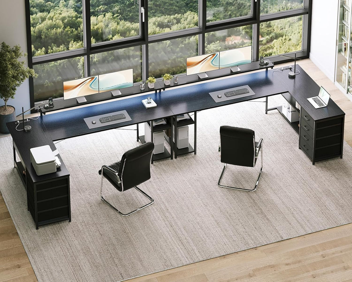 AODK 69" L Shaped Computer Desk with 4 Drawers, LED Lights, Black