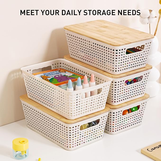 Anywish Storage Bins with Lids 8 Packs, Plastic Storage Bins with Bamboo Lids - Image 3