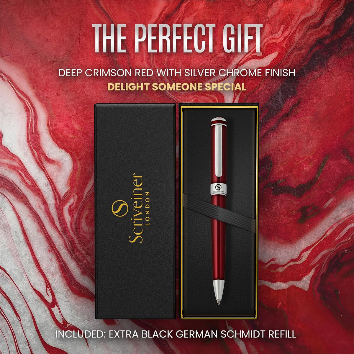 Scriveiner Deep Crimson Ballpoint Pen - Stunning Red Lacquer Luxury Pen, Chro...
