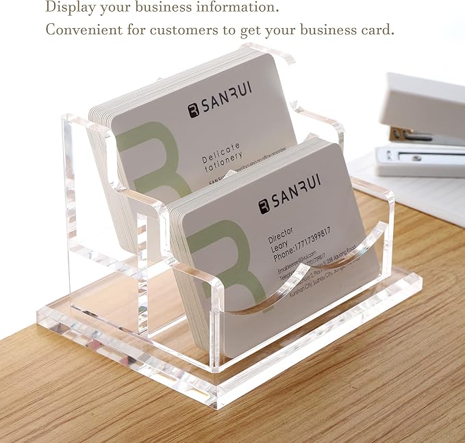YUXUN Clear Acrylic 2-Tier Business Card Holder – 2-Slot Desk Organizer - Image 3
