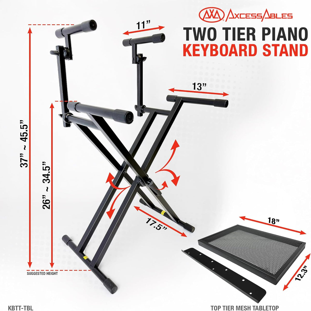 AxcessAbles Dual Piano Keyboard Stand with 2nd Tier – X Style Adjustable and ...