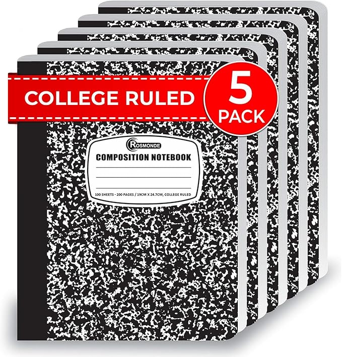Rosmonde College Ruled Composition Notebooks 5 Pack, 200 Pages, 9-3/4" x 7-1/2" by Rosmonde