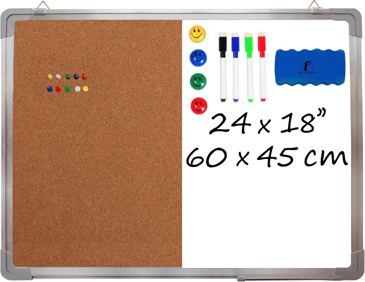 Combination Whiteboard Bulletin Board, 24x18 in Dry Erase Board with Cork