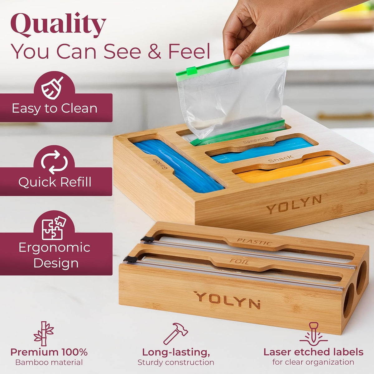 Bamboo Food Storage Bag Organizer for Drawer with Foil & Plastic Wrap Dis...