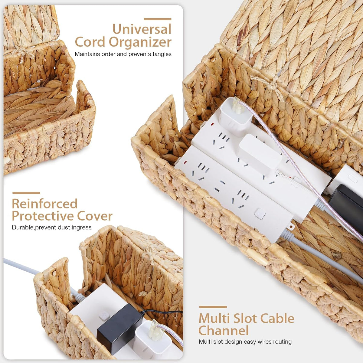 Cable Management Box with Lids-Handwoven Rattan Cord Organizer with Open Slot...