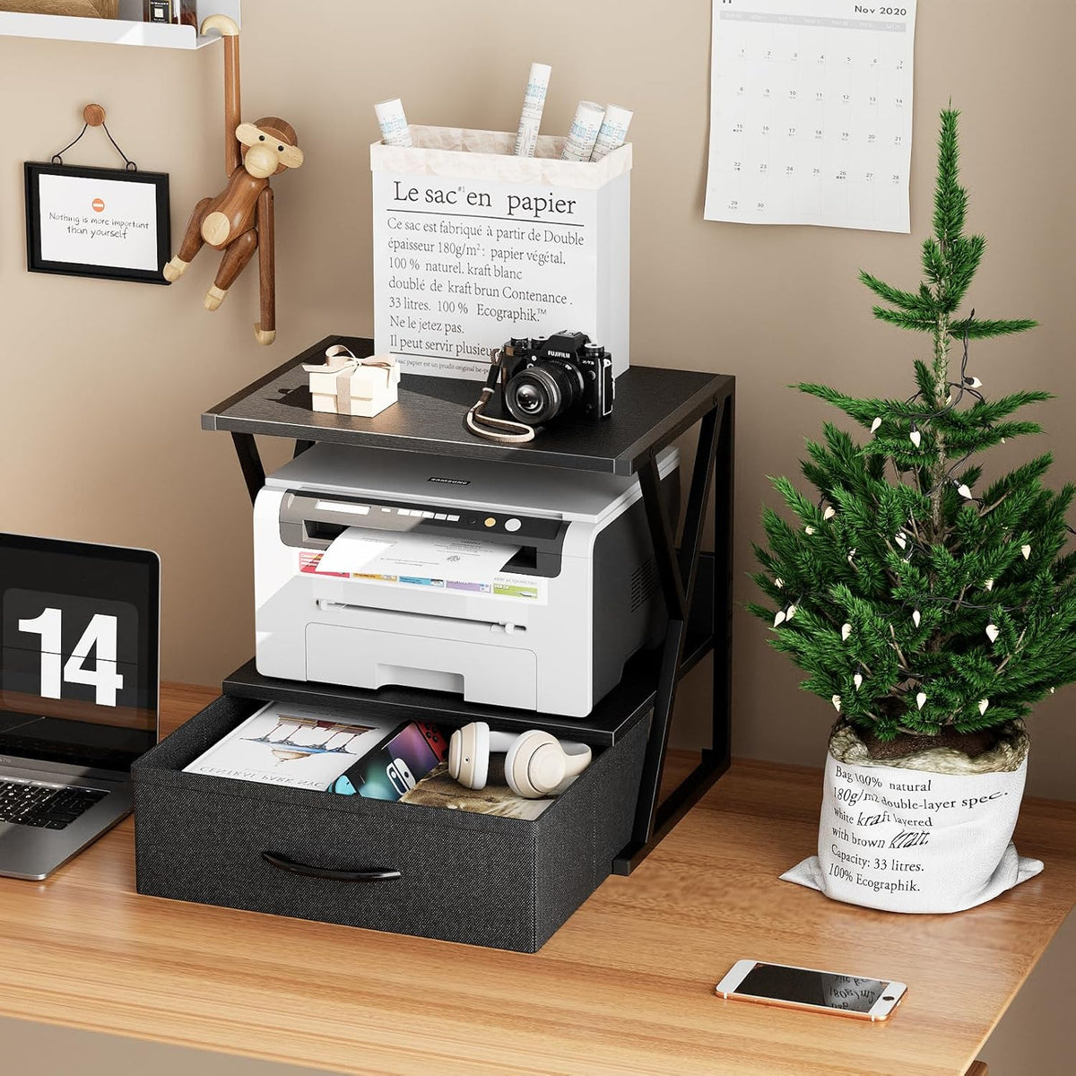 aboxoo Printer Stand for Desk with Storage Drawer, 2 Tier Desktop Or Under De...