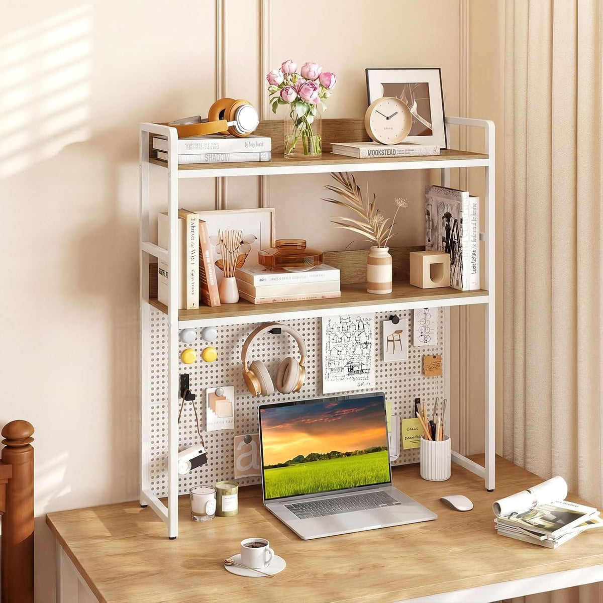GIANTEX Desktop Bookshelf, 2-Tier Desk Hutch Dorm with Pegboard for up to 32&...