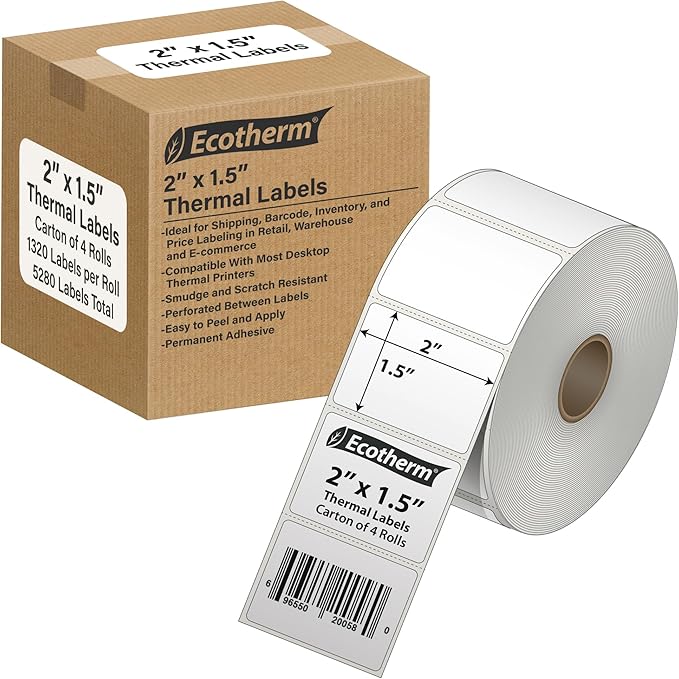 2" x 1.5" Thermal Labels | 4 Rolls | 5280 Labels | fits Zebra, Offnova Thermal by EcothermProducts