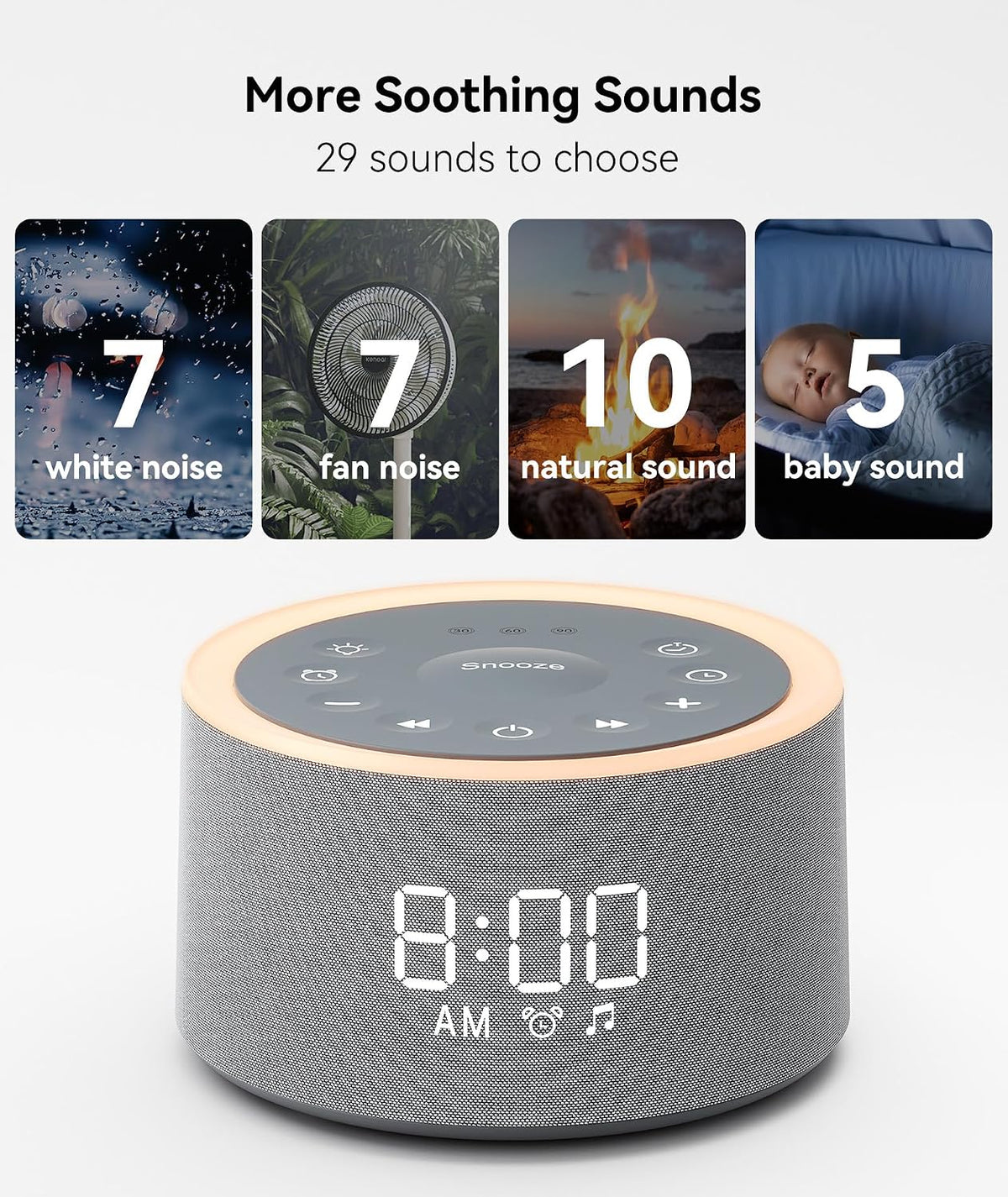 dreamegg d1+ sound machine alarm clock, 29 soothing, close-up detail