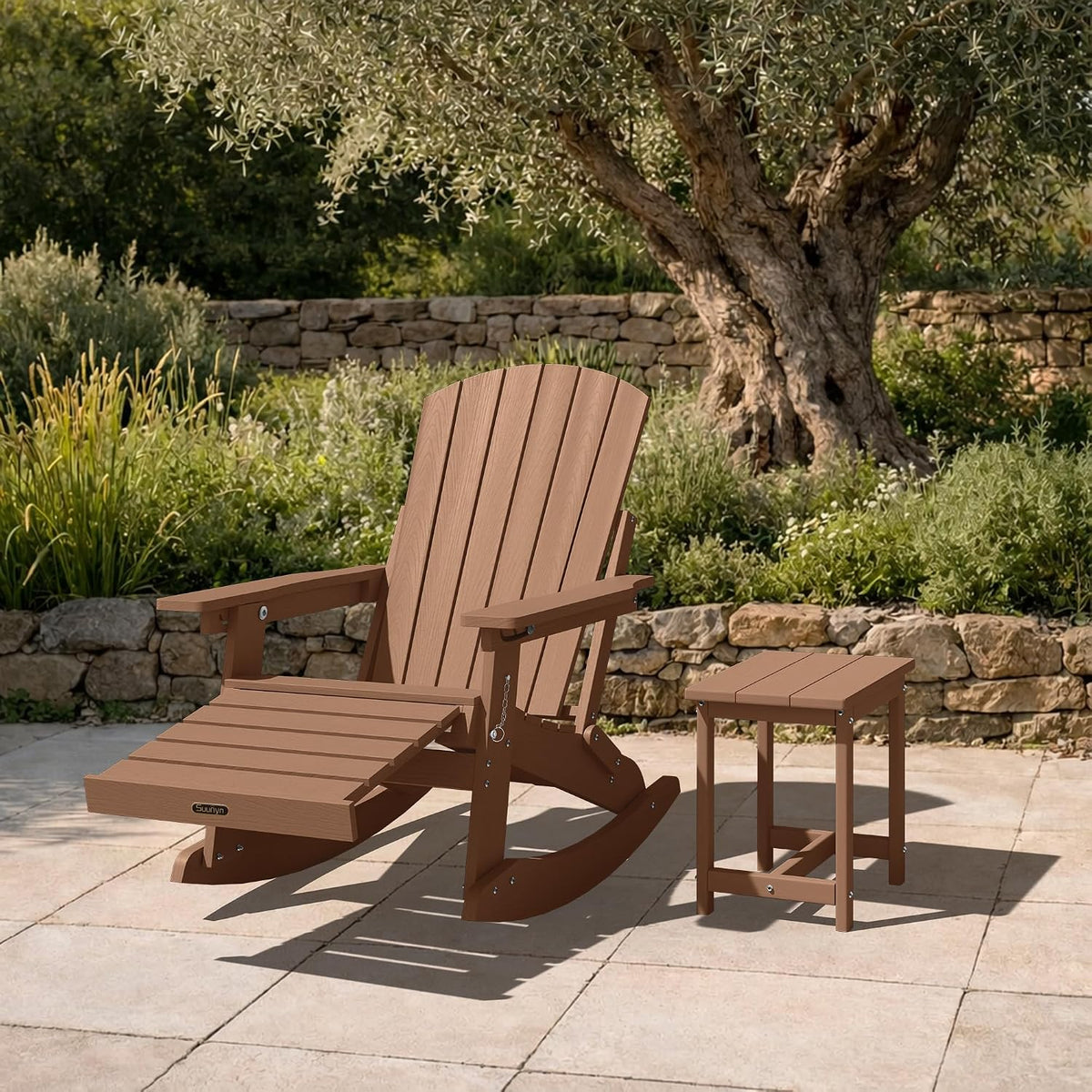 4-in-1 Rocking Adirondack Chair with Footrest, HDPE, Teak