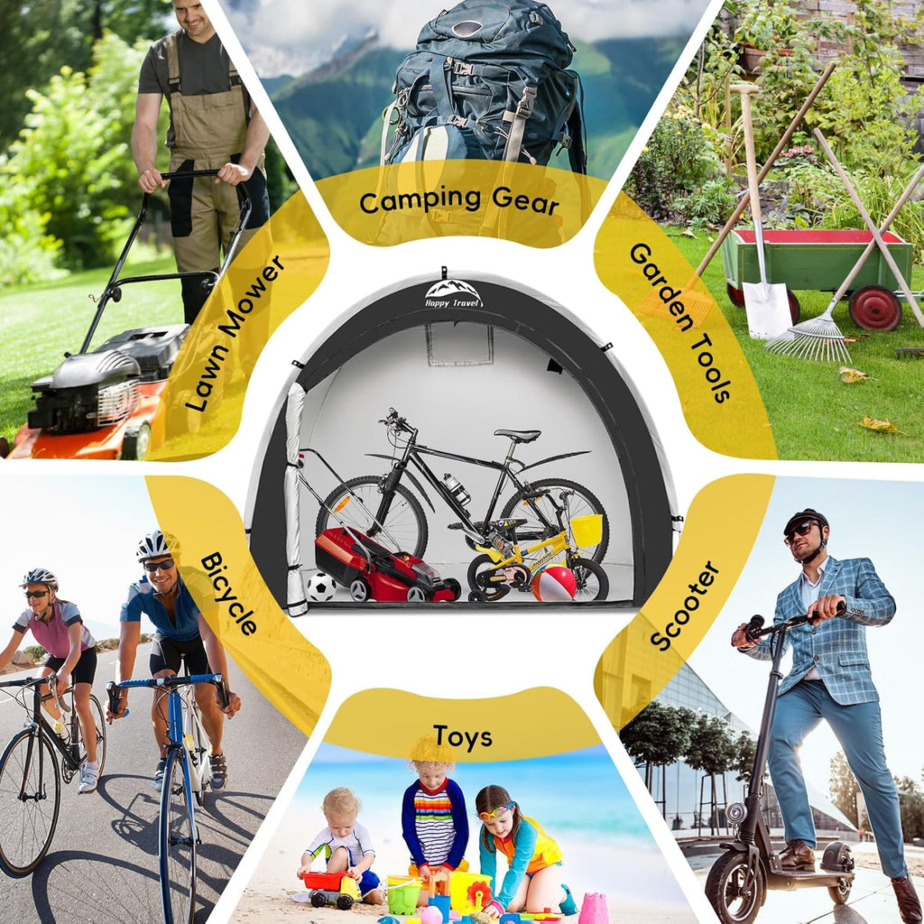 happy travel bike storage shed tent, outdoor portable, front angle view