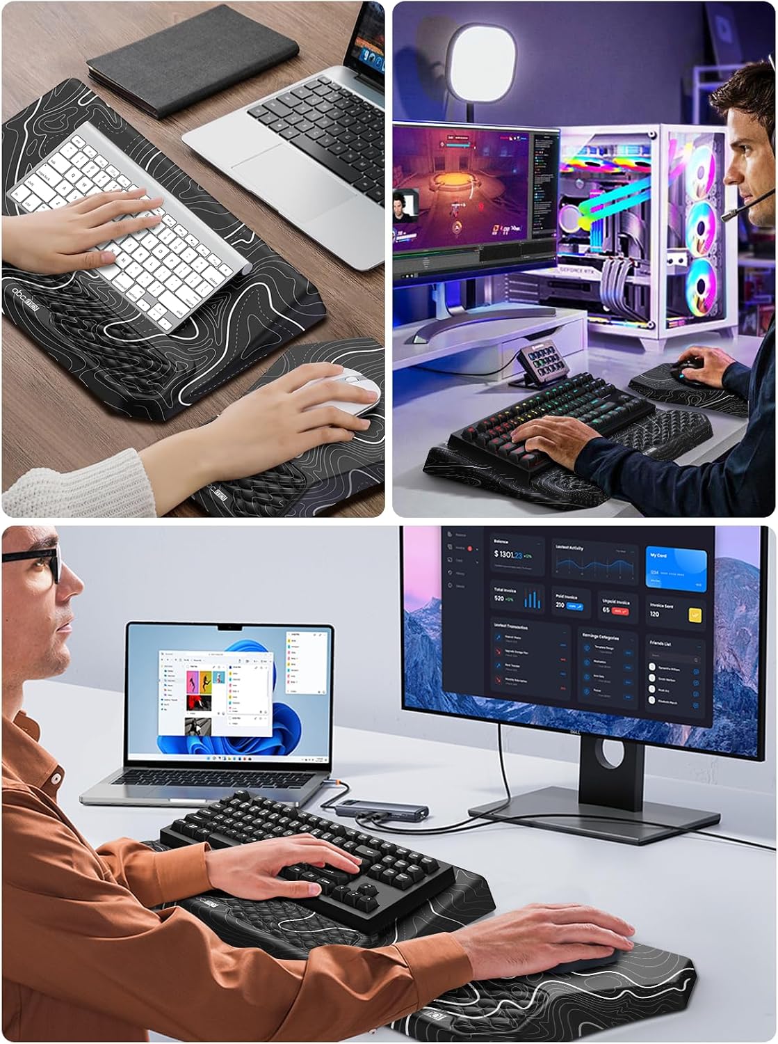 3-in-1 Ergonomic Keyboard Stand with Wrist Rest & Mouse Pad Set,Topographic