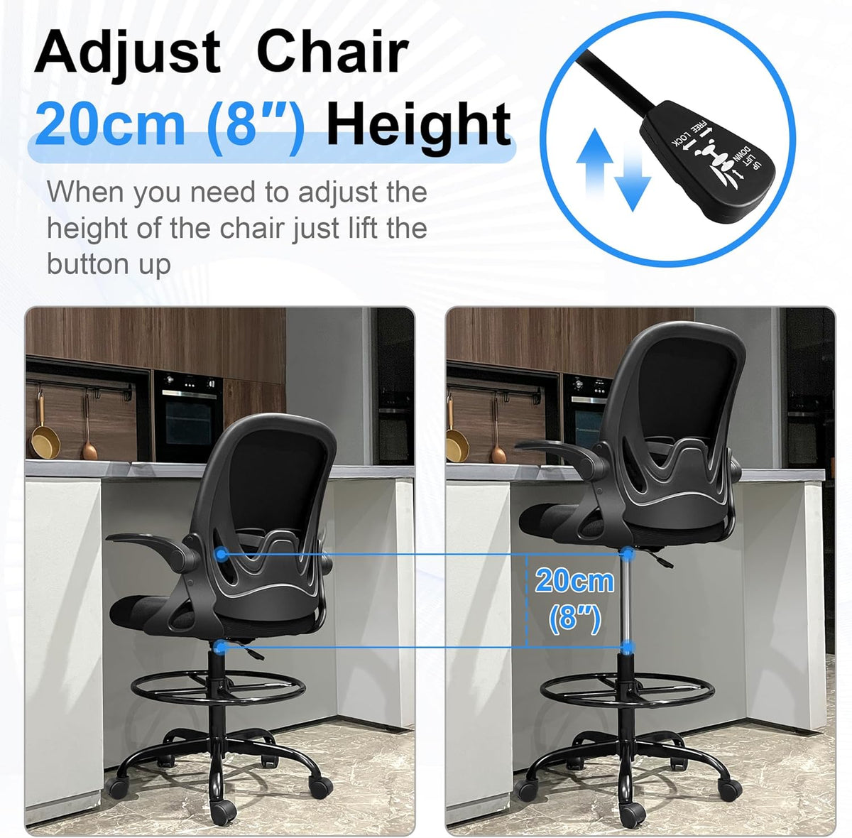 Primy Drafting Chair Tall Office Chair with Flip-up Armrests Executive Ergono...
