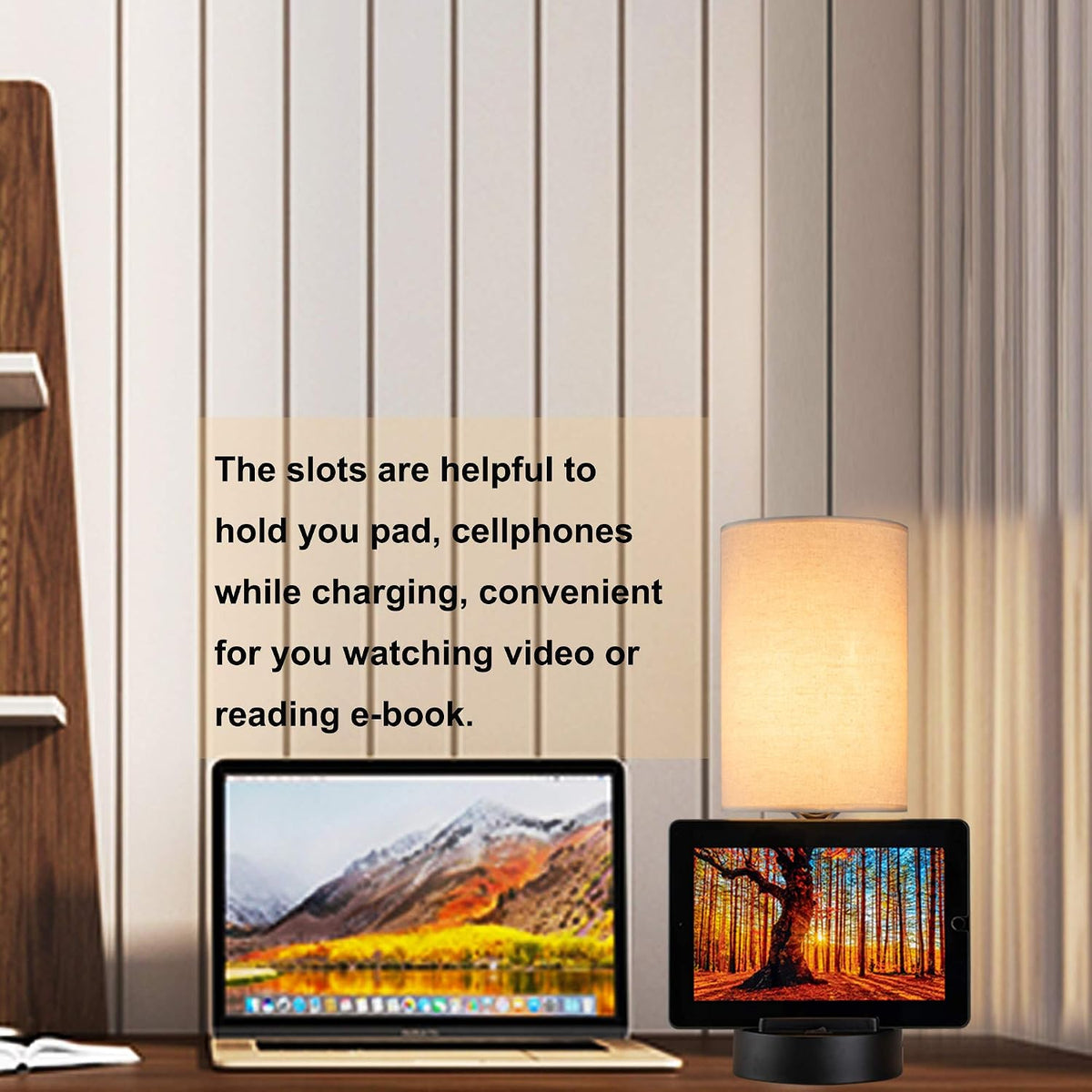 dreamholder table lamp with 3 usb charging ports, front angle view