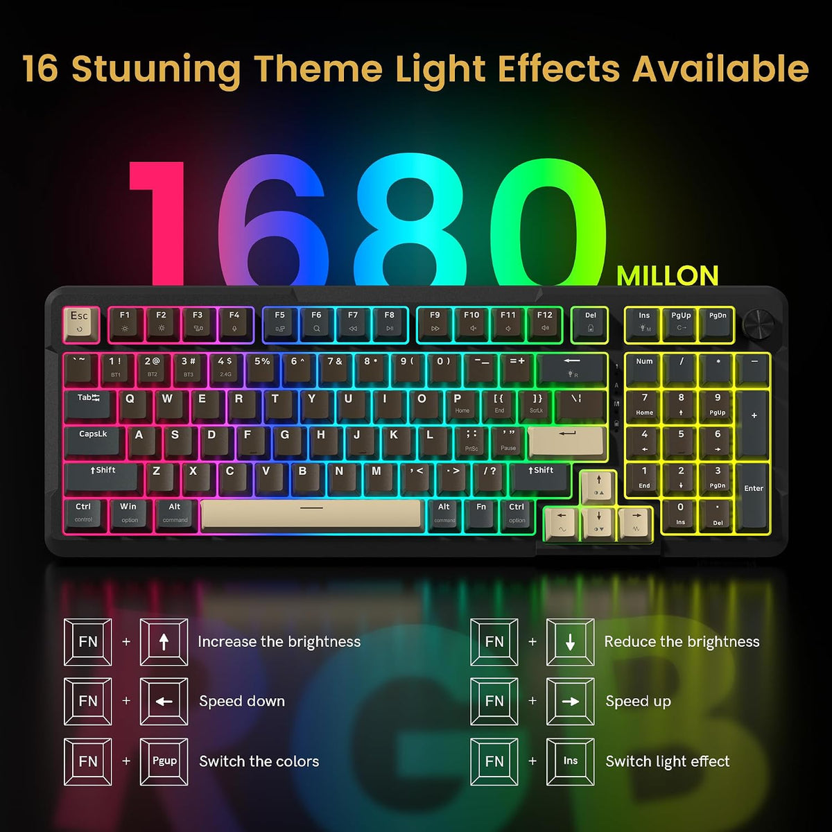 Redragon K742 Wireless Mechanical Gaming Keyboard with Knob, Bluetooth 5.0/2....