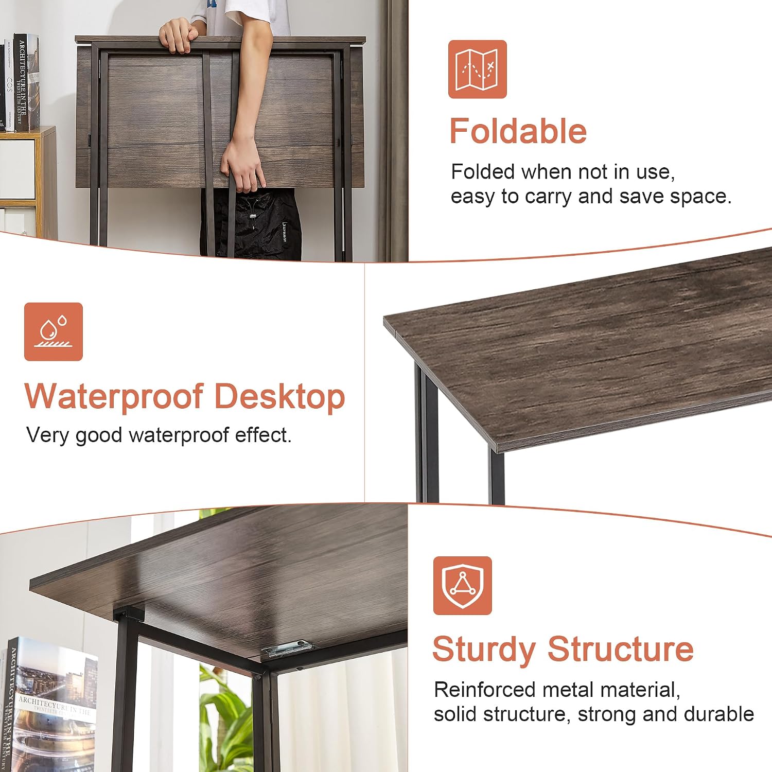 VECELO Folding Desk 31.5 Inch Writing Desk Home Office Sturdy Steel Laptop Table for Home Office Work Classic Brown