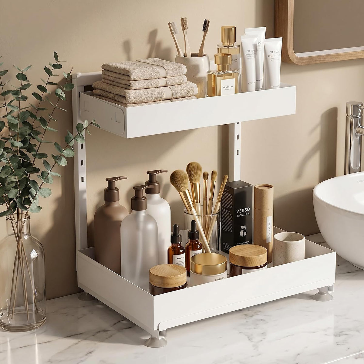 TATAANTY Under Sink Organizer, L-Shaped Metal 2-Tier Double Pull-Out Drawer f...