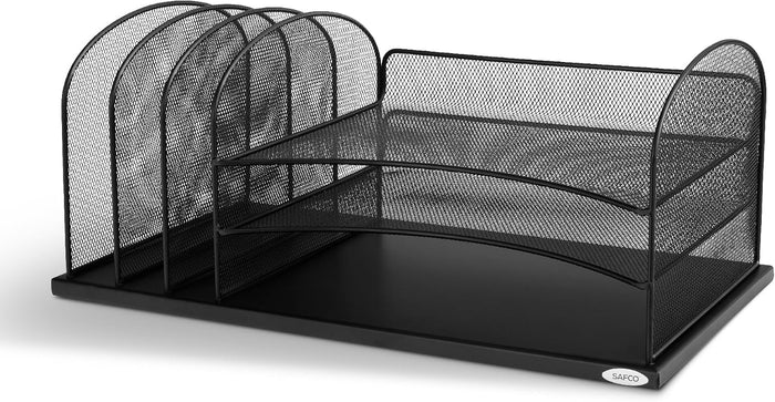 Safco Onyx Desk Organizer, 3 Vertical Compartments and 3 Trays, Office and Classroom Mailbox , Paper and Mail Sorter, Steel Mesh, Black