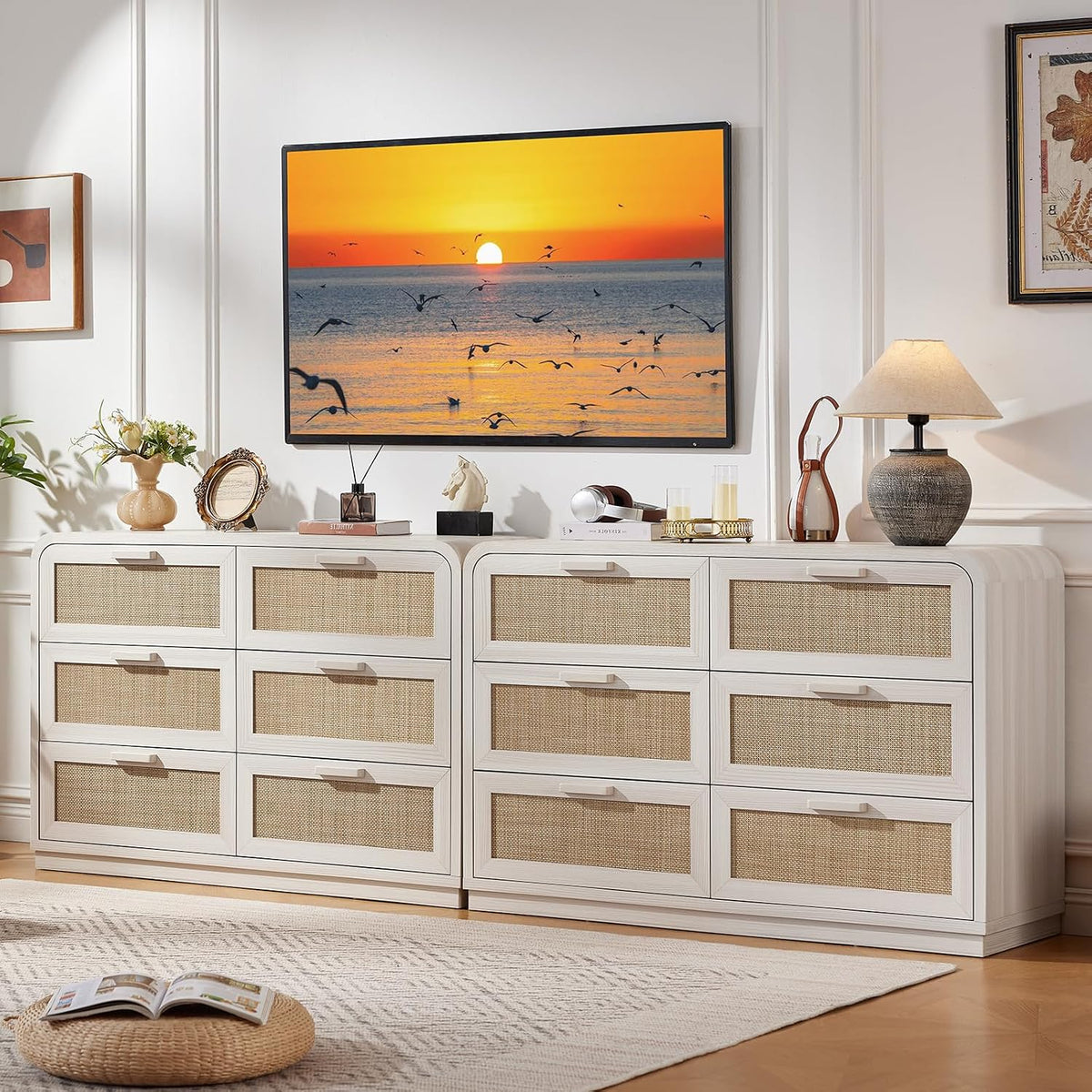 LEYAOYAO Rattan 6 Drawer Dresser for Bedroom, Grey White