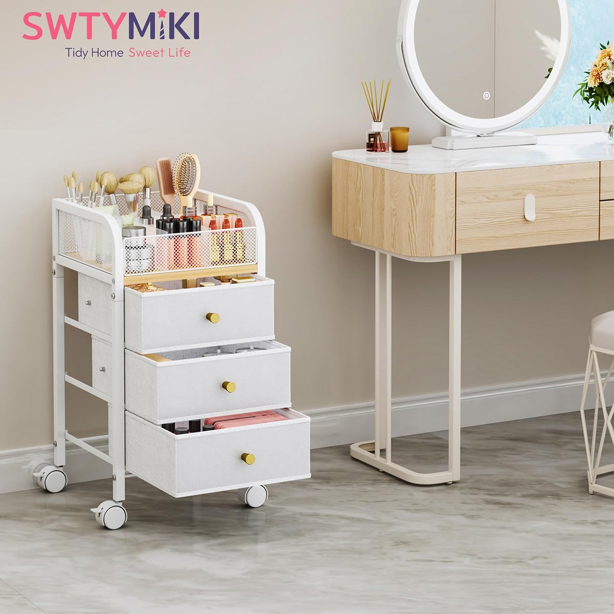 SWTYMIKI Rolling Makeup Organizer Cart - Under Desk Vanity Makeup Storage wit...