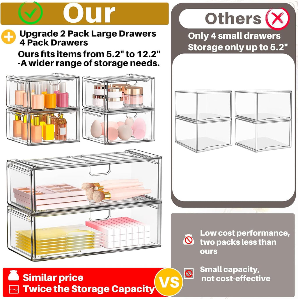 caktraie 6-pack acrylic stackable storage drawers for vanity, front angle view