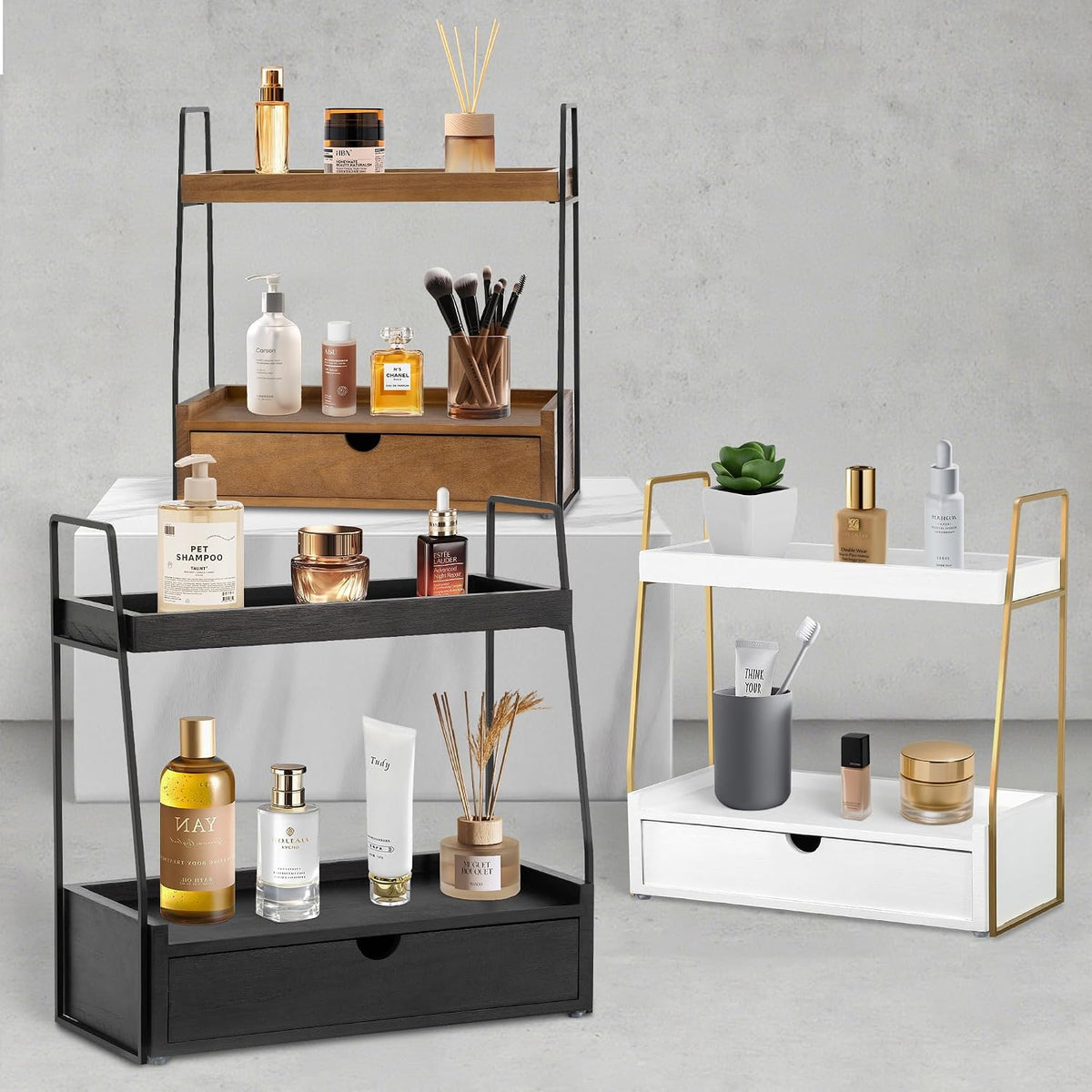 2-Tier Bathroom Countertop Organizer with Drawer, Wood Vanity Shelf Black