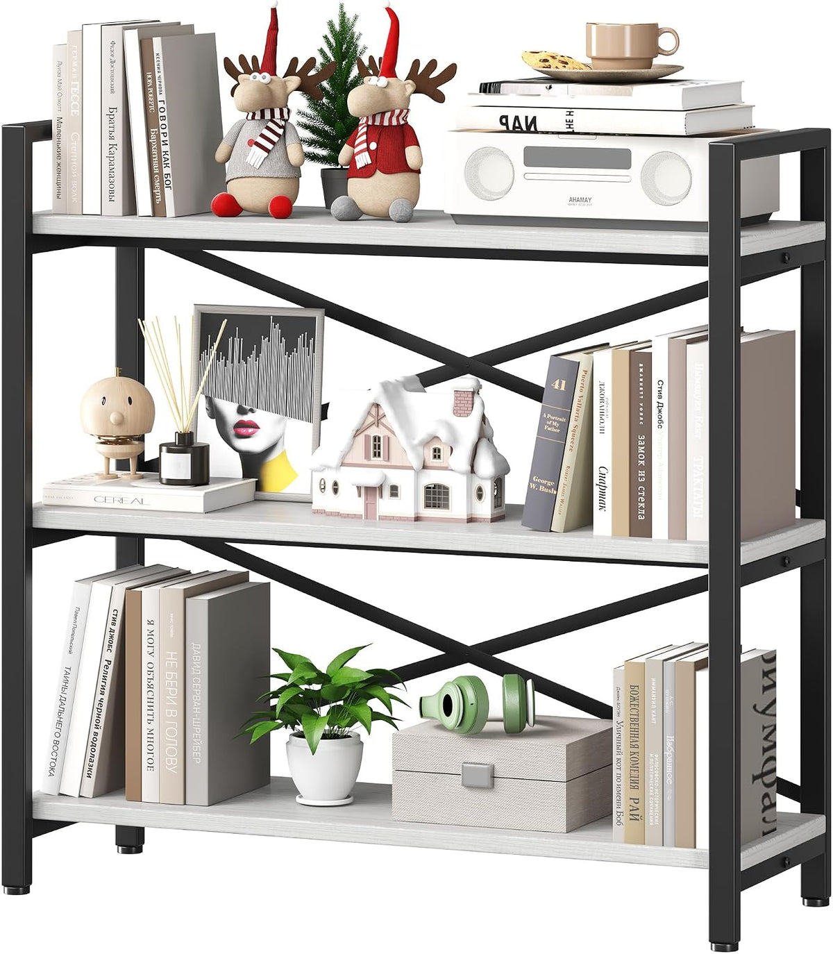 Homeiju 3 Tier Bookshelf 31.49" Width, Wood and Metal Etagere Bookcase
