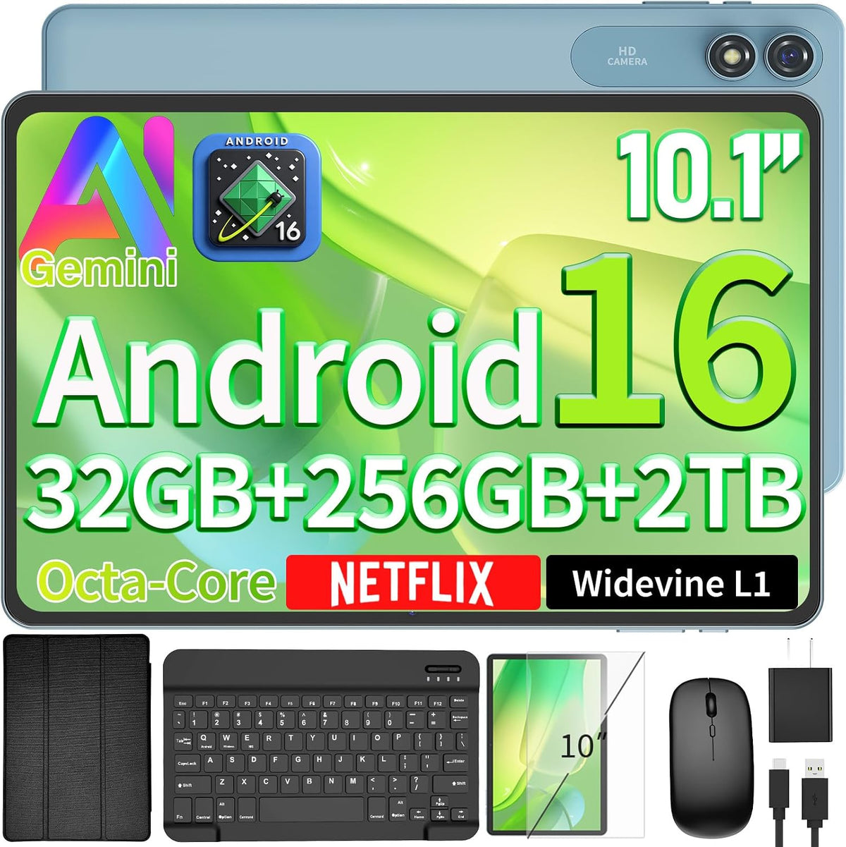 10 inch Tablet with Keyboard - Android 16 Tablet - 32GB+256GB+2TB (Black)