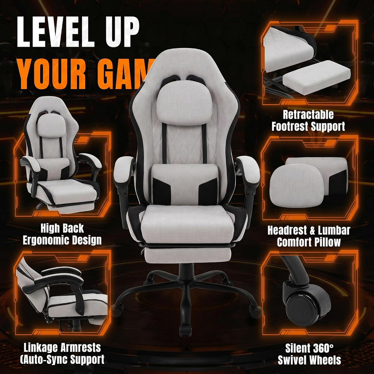 Gaming Chair for Adults, Computer Chair Fabric, Footrest, Reclining, Gray