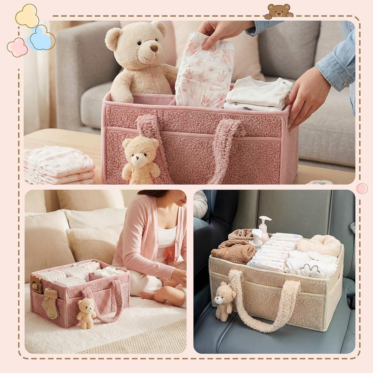 Shinylin 2 Pack Plush Diaper Caddy Organizer, Powder Pink and Ivory