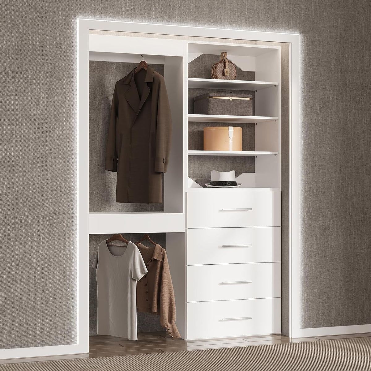 Modular Closet, 46" Wide Organizer with Tower and Drawers, Wood Tower St...