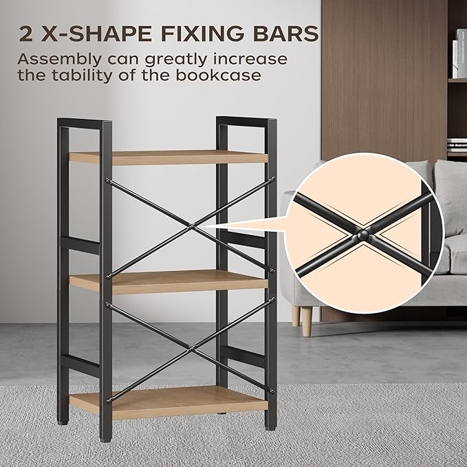 Homeiju Bookshelf, 3 Tier Industrial Bookcase, Metal Small Bookcase, Rustic - Image 8