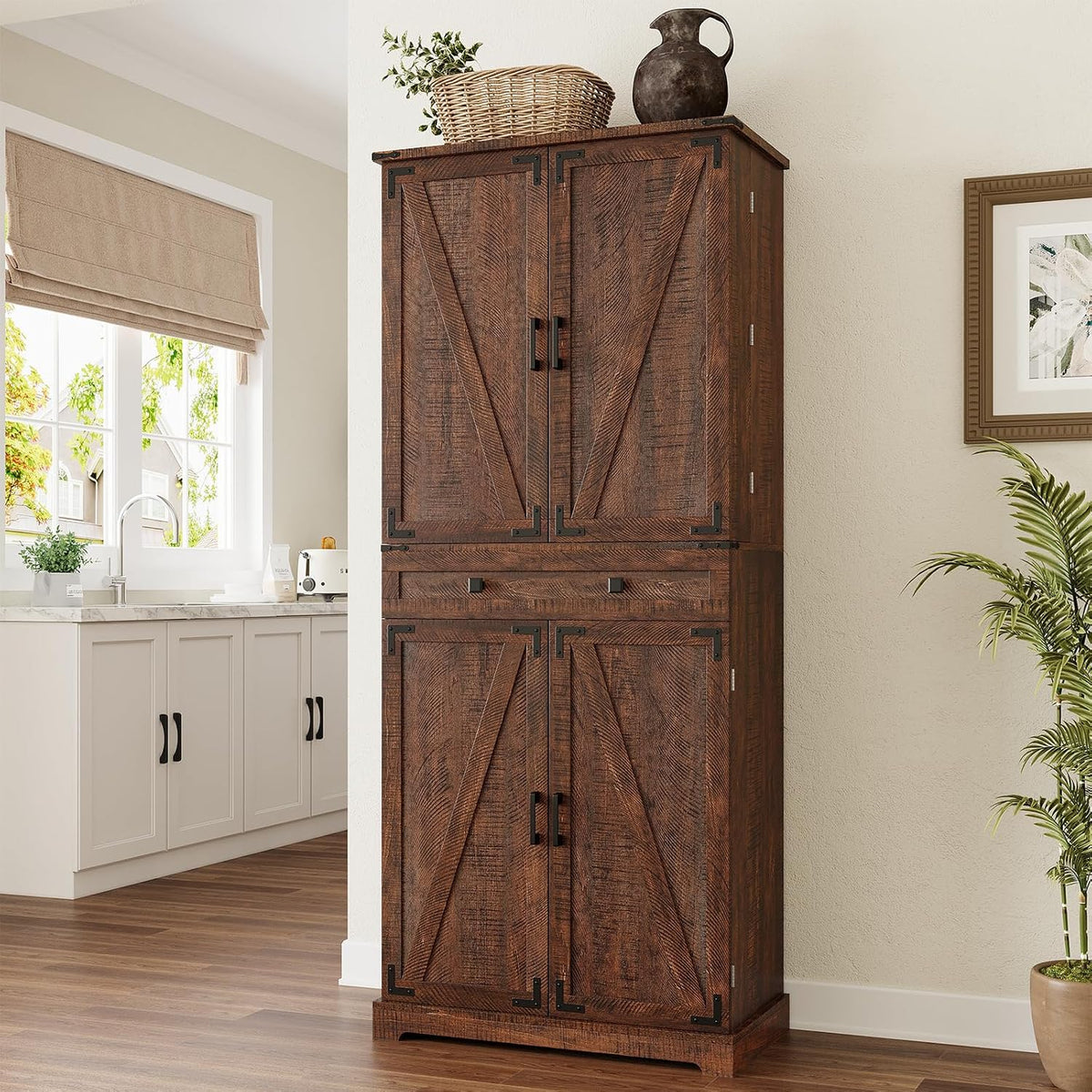 ELYKEN 72" Kitchen Pantry Storage Cabinet with Drawer, 3 Pull Out Shelves