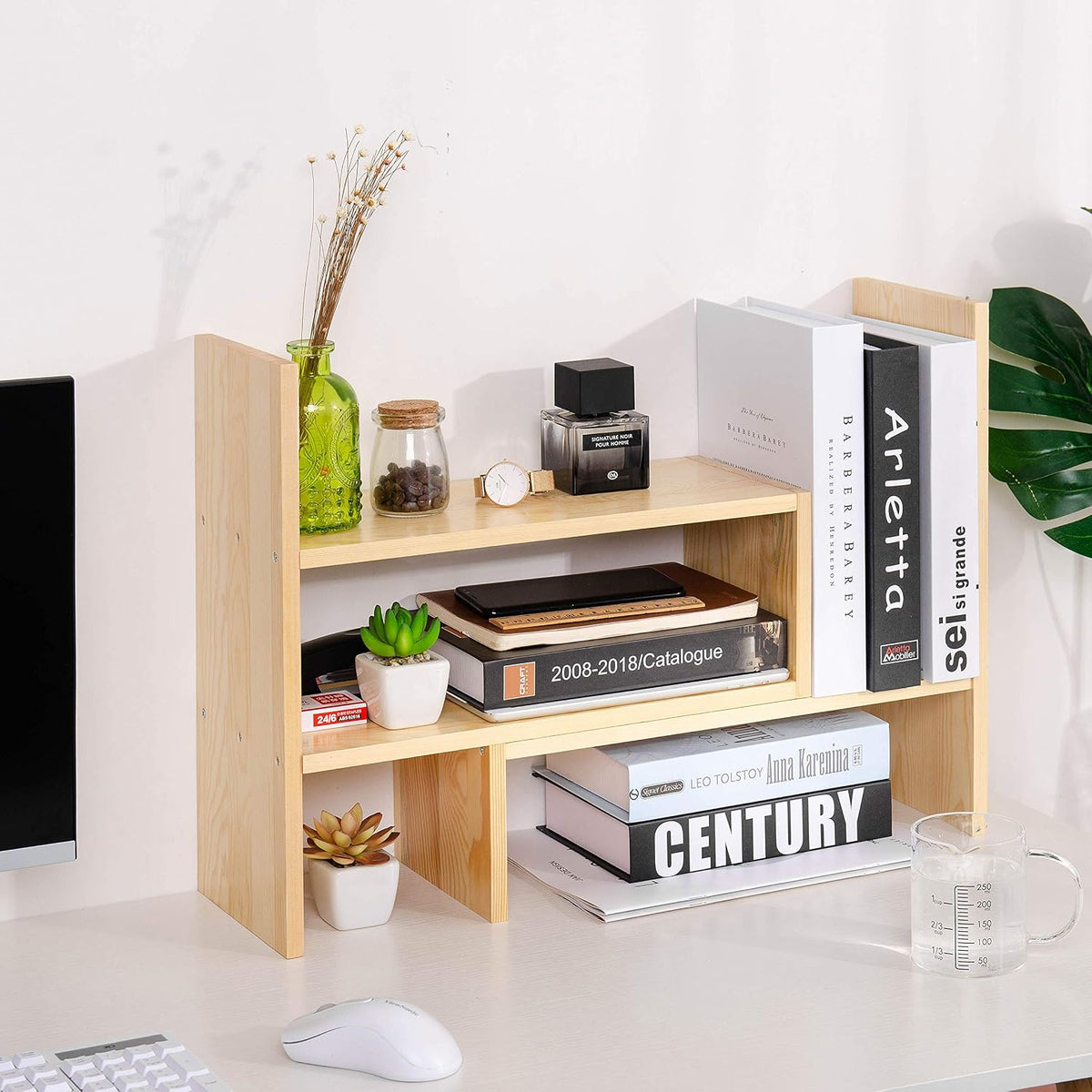 Desktop Organizer Office Storage Rack Adjustable Natural Wood Display Book Sh...