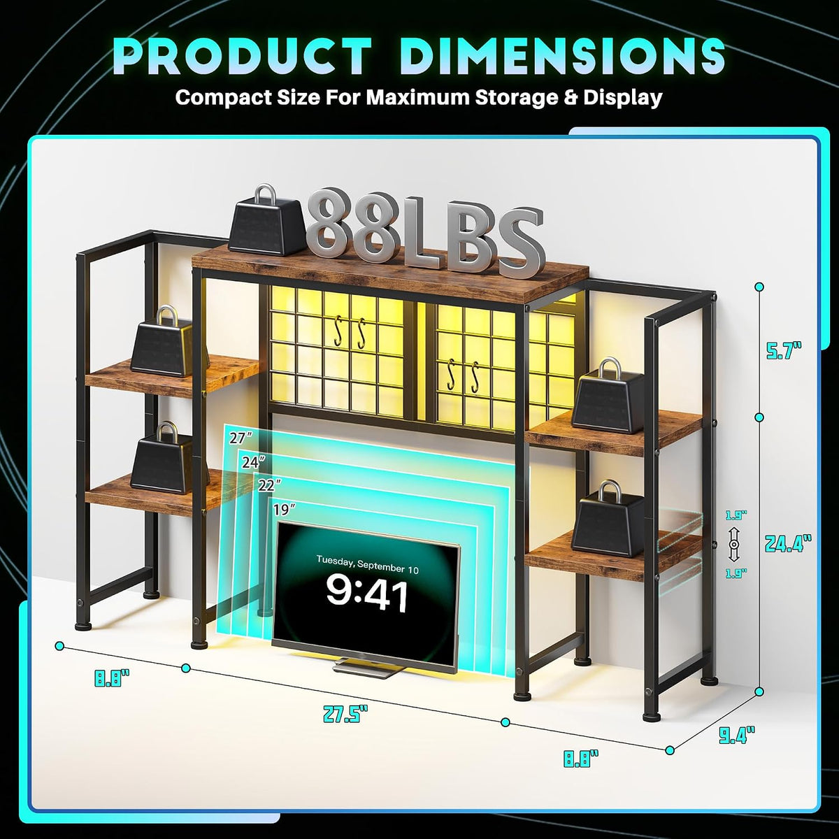 REIBII 5-Tier Desk Shelf with LED for Home Office Dorm, Rustic Brown