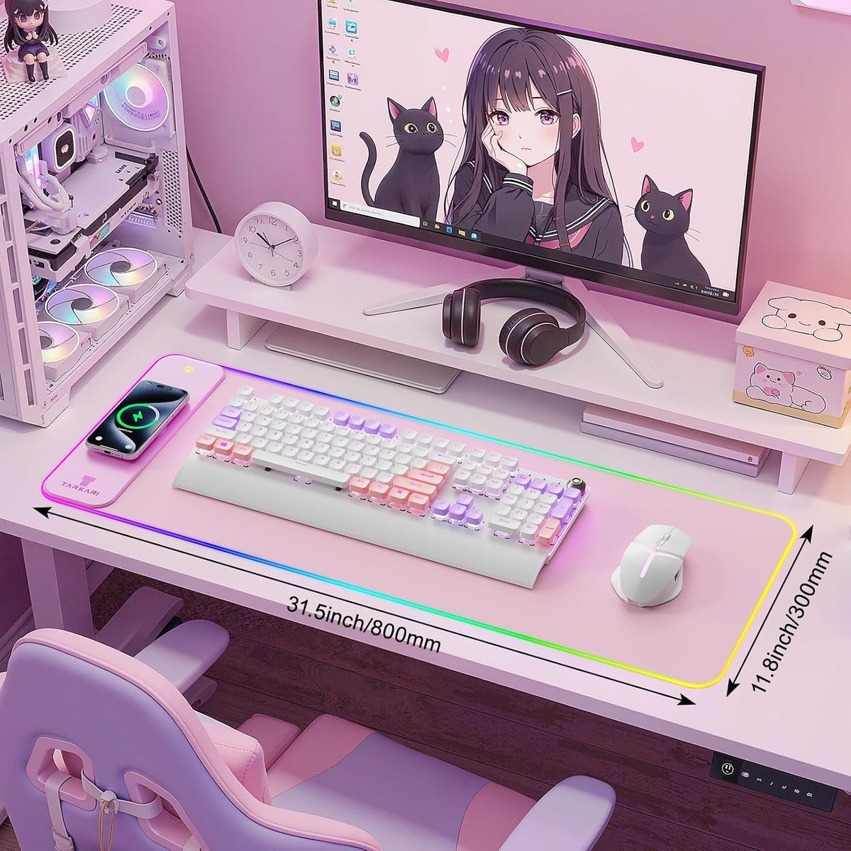 TARKARI 15W Magnetic Wireless Charging RGB Mouse Pad, 800x300mm Pink