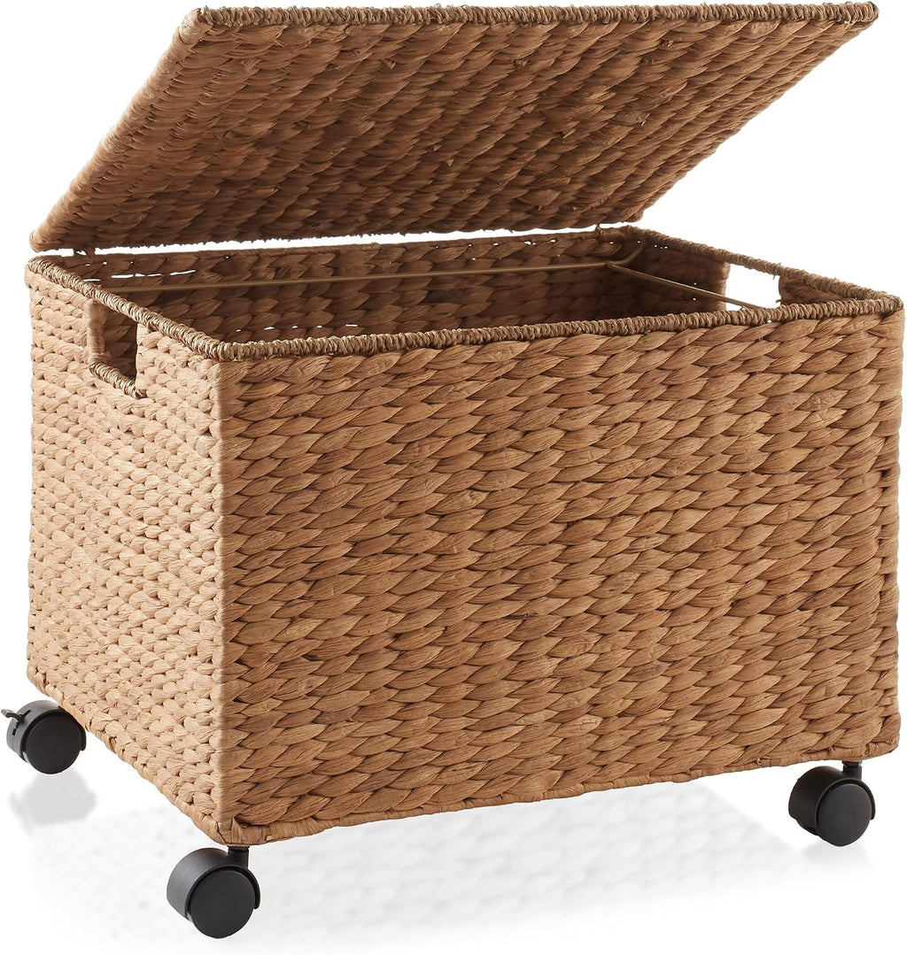 Casafield Rolling Filing Cabinet, Cinnamon - Water Hyacinth File Organizer with Lid and Locking Wheels, Home Office Storage for Hanging Folders